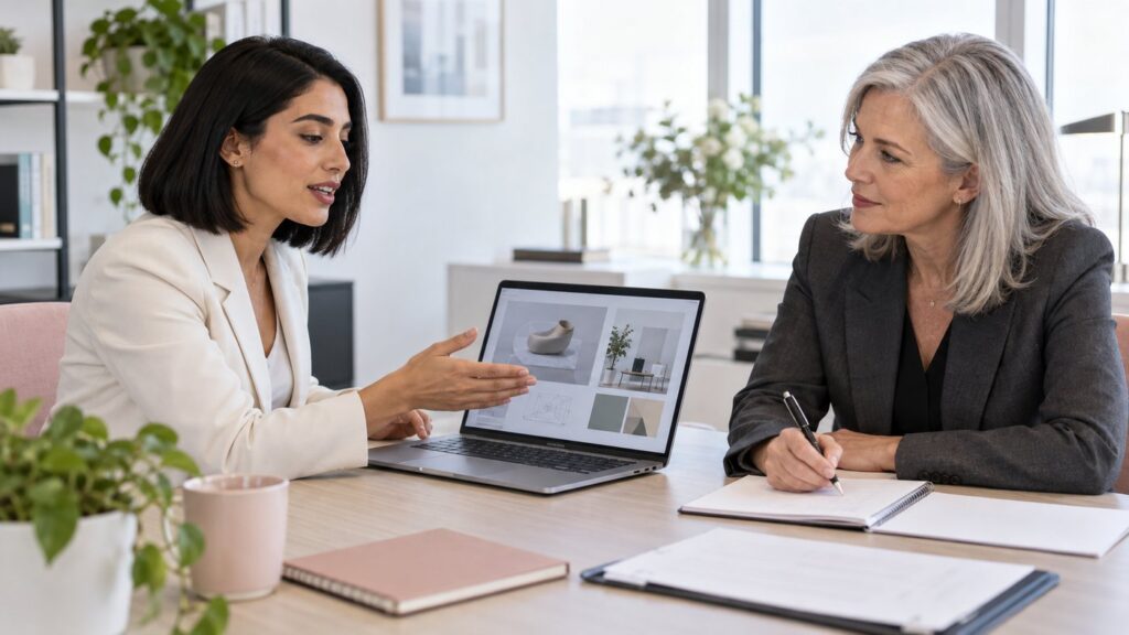 Search consultant briefing a senior HR leader on new pay transparency rules