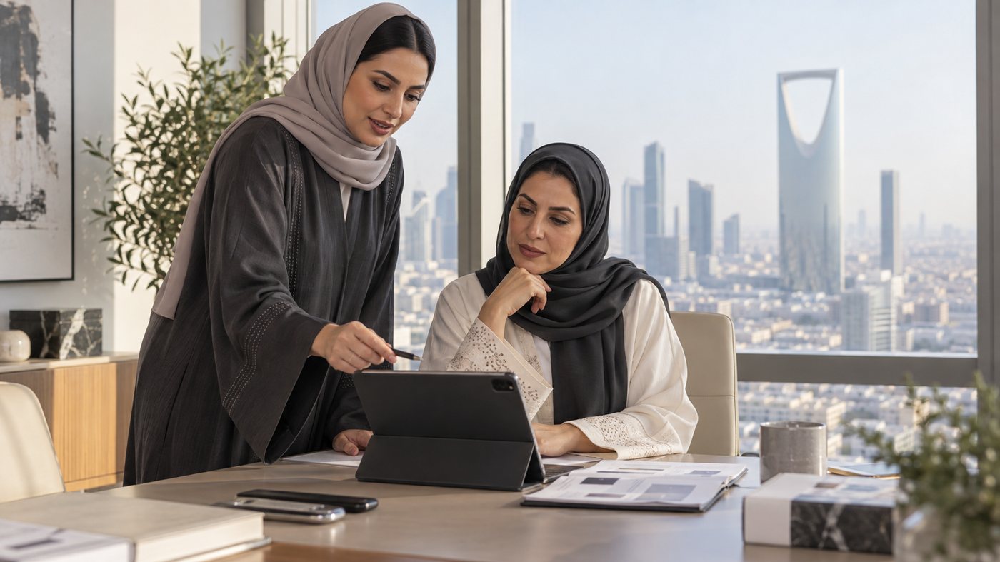 ats-insight-riyadh-office Two professionals working together in a Riyadh office overlooking the Kingdom Centre