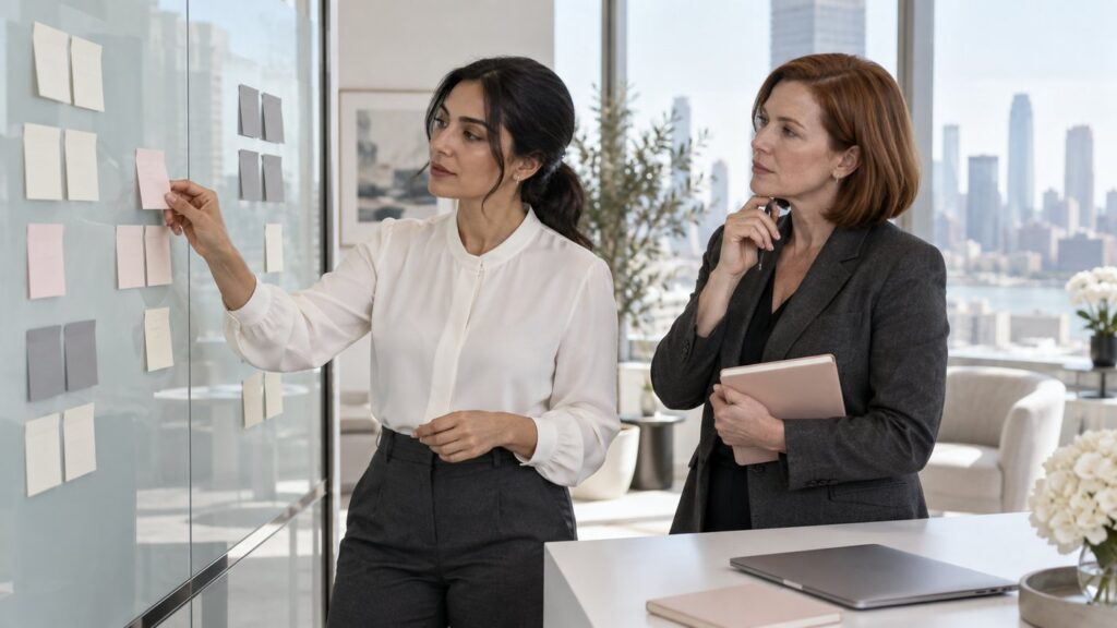 Two leaders building a hiring scorecard on a glass wall