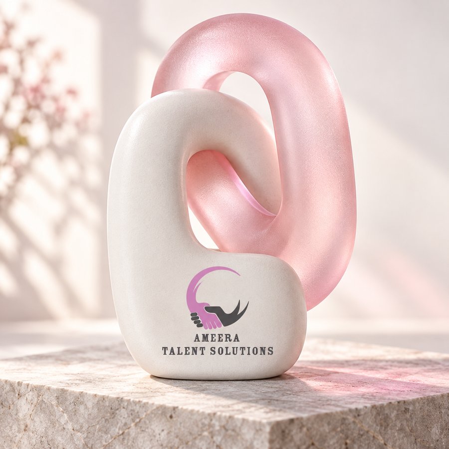 Linked pink and white shapes – long-term partnership with Ameera Talent Solutions