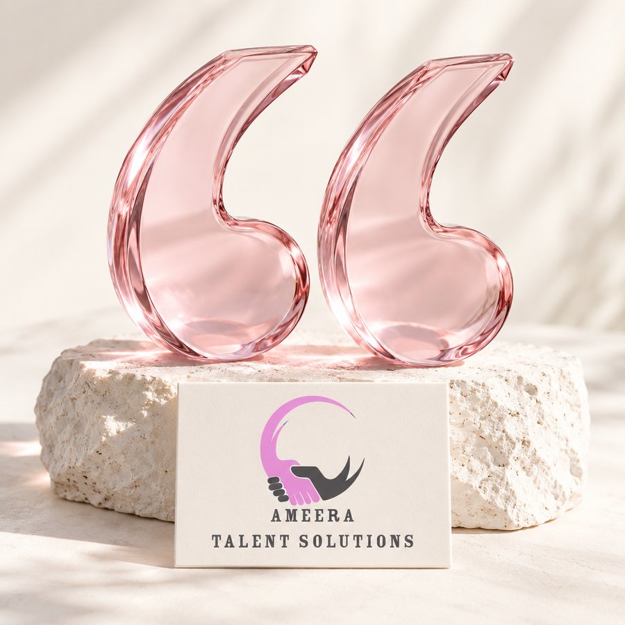 Pink glass quotation marks with the Ameera Talent Solutions card